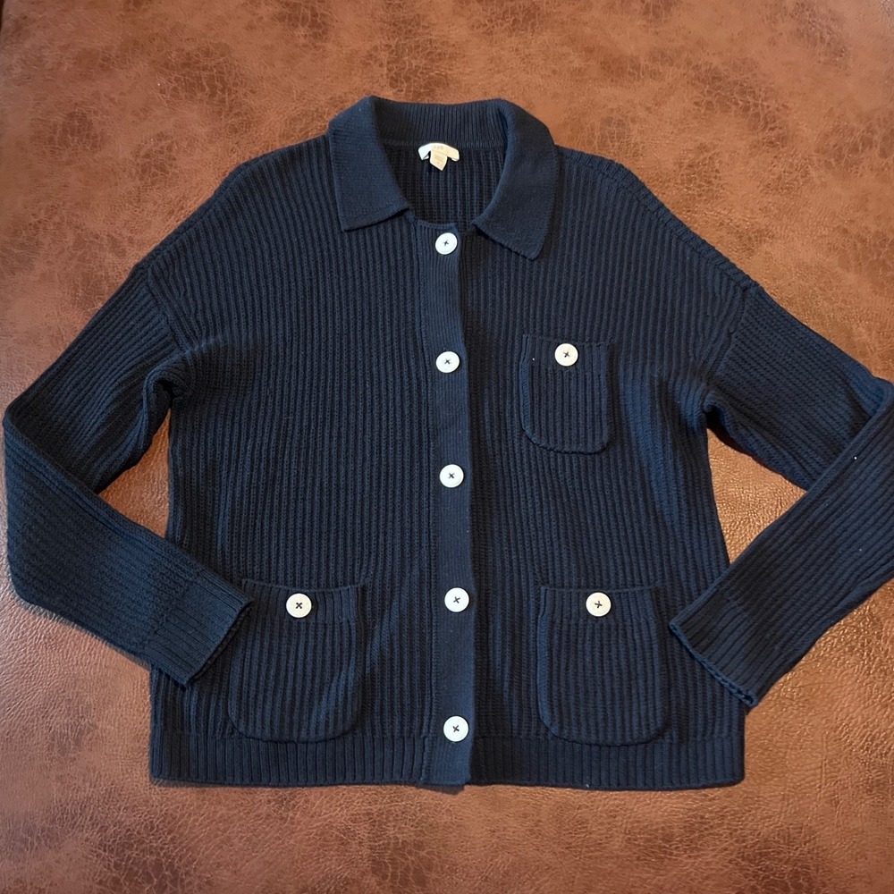 J. Jill Navy‎ Blue Ribbed Knit Button Front Cardigan Sweater Pockets Small